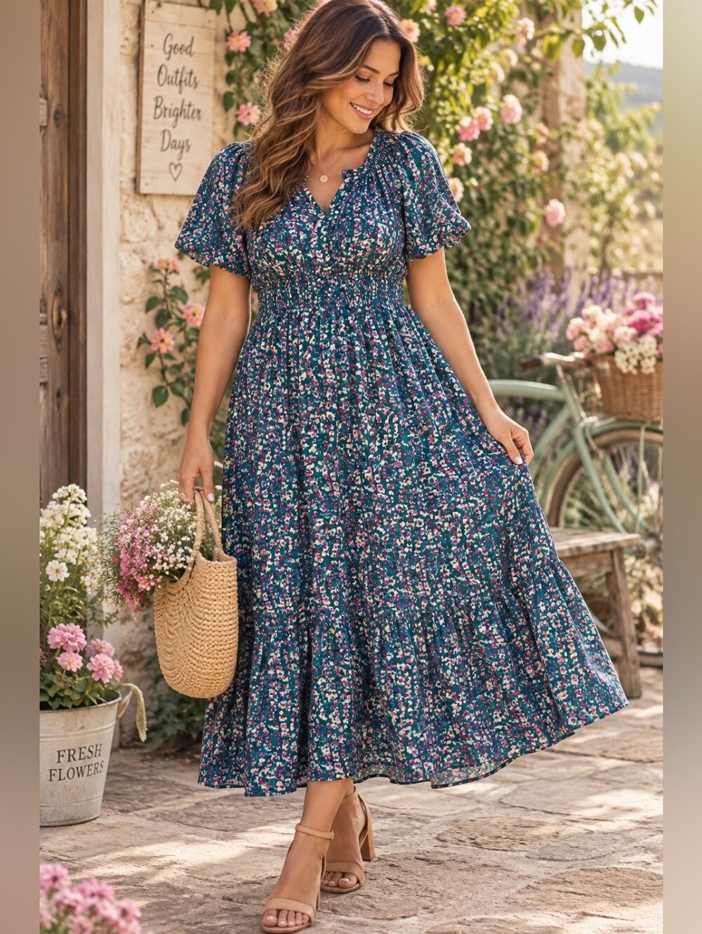 Mascomoda Floral Midi Dress Size Large Green Pink Smocked Waist NWT